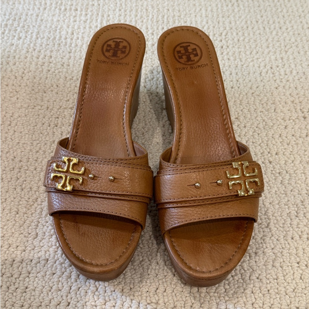 Tory Burch Tan Leather Logo Wedge Mules